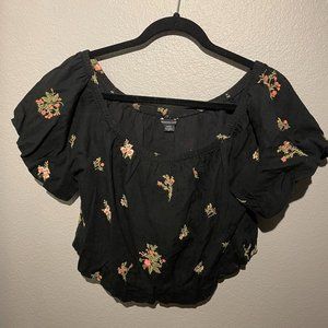 American Eagle Outfitters Black Cropped Floral Off the Shoulder Top